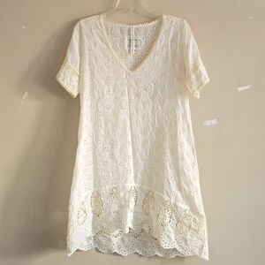 Vintage Johnny Was Ivory Cream Eyelet Short Sleeve Dress Size Xs